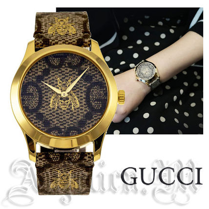 GUCCI 2018 19AW Leather Round Quartz Watches Elegant Style Analog Watches 