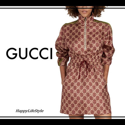 GUCCI Short Stripes Monogram Casual Style A line Silk Long Sleeves 