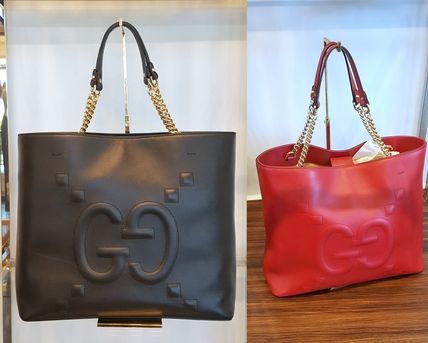 GUCCI A4 Plain Leather Elegant Style Logo Totes 
