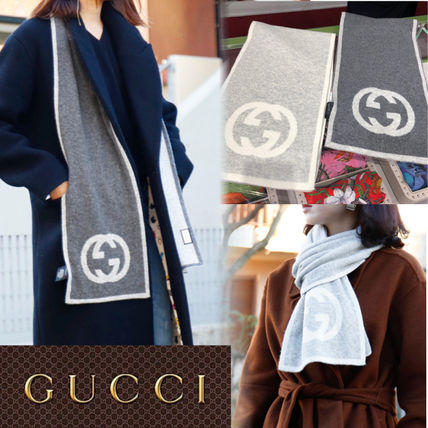 GUCCI Unisex Plain Logo KnitFur Scarves 