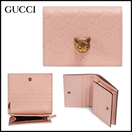 GUCCI Unisex Plain Leather Folding Wallet Logo Folding Wallets 