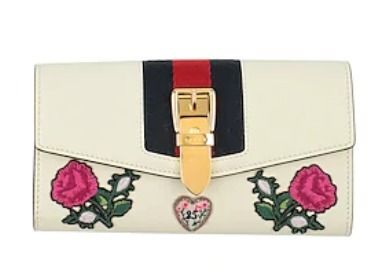 GUCCI Flower Patterns Plain Leather Folding Wallet Logo 