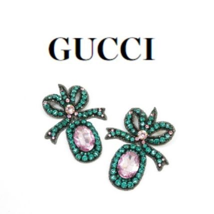 GUCCI Gucci Crystal Embroidered Bow Earrings Green Pink #503142 