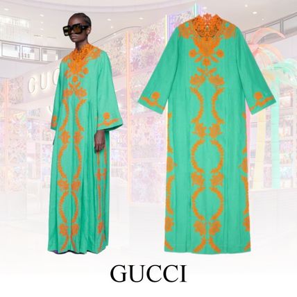 GUCCI 2020 21AW Linen Long Kaftan Dress With Lace 599381 XDA0N 3156 