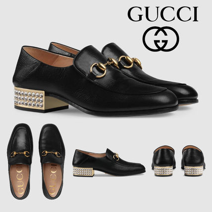 GUCCI 2019 SS Plain Toe Plain Leather Block Heels Elegant Style Logo 523097 D3V00 1000 