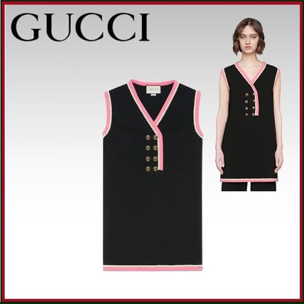 GUCCI 2019 20AW Sleeveless Studded V Neck Plain Medium TanksCamisoles 