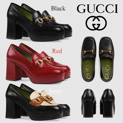 GUCCI 2019 SS Square Toe Platform Plain Leather Office Style Logo