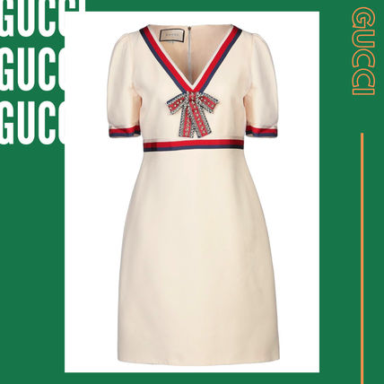 GUCCI Short Stripes V Neck Plain Short Sleeves Elegant Style 