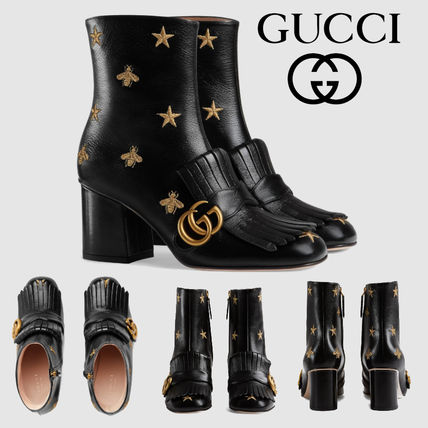GUCCI 2019 SS Star Plain Toe Leather Block Heels Elegant Style Logo 551545 D3V00 1000 