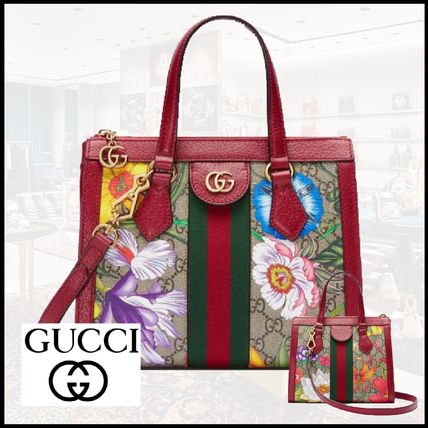 GUCCI Ophidia 2020 SS Flower Patterns Canvas Leather Logo Handbags 