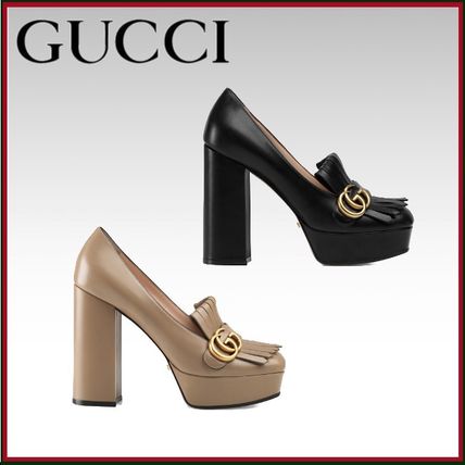GUCCI 2019 20AW Plain Leather Block Heels Fringes Elegant Style 