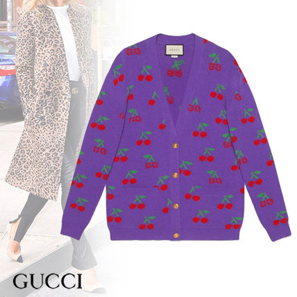 GUCCI Casual Style Wool V Neck Long Sleeves Medium Oversized Logo 