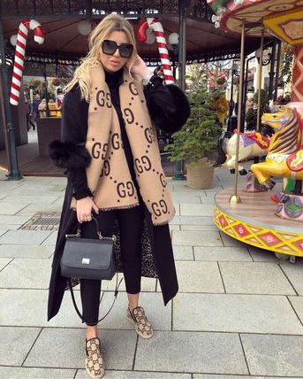 GUCCI 2019 20AW Unisex Wool Silk Logo KnitFur Scarves 