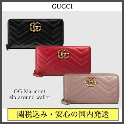 GUCCI GG Marmont Plain Leather Long Wallet Logo Long Wallets 