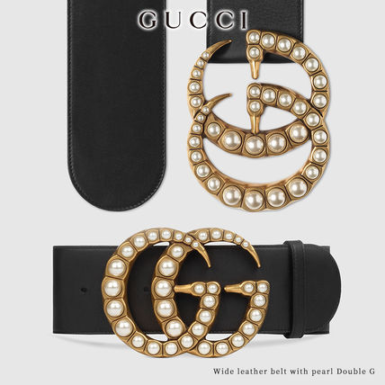 GUCCI 2020 SS Wide Leather Belt With Pearl Double G
