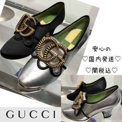 GUCCI Plain Toe Casual Style Plain Leather Block Heels Party Style 