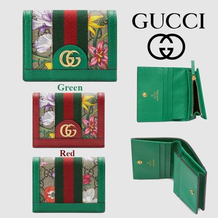 GUCCI Ophidia 2020 Cruise Stripes Flower Patterns Canvas Leather Folding Wallet Logo 