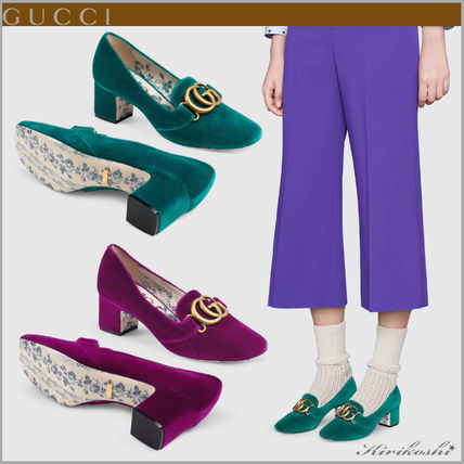 GUCCI 2018 19AW Flower Patterns Round Toe Studded Elegant Style Chunky Heels 