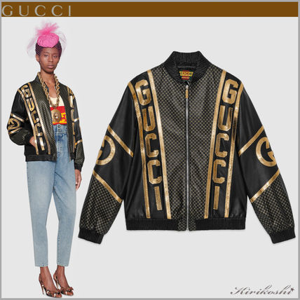 GUCCI 2018 19AW Short Unisex Leather Python Oversized Logo Souvenir Jackets 