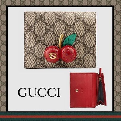 GUCCI GG Supreme Gg Supreme Card Case Wallet With Cherries 476050 