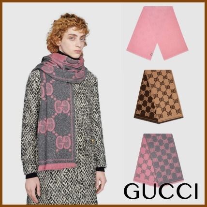 GUCCI RE BELLE Monogram Wool Silk Fringes Logo KnitFur Scarves