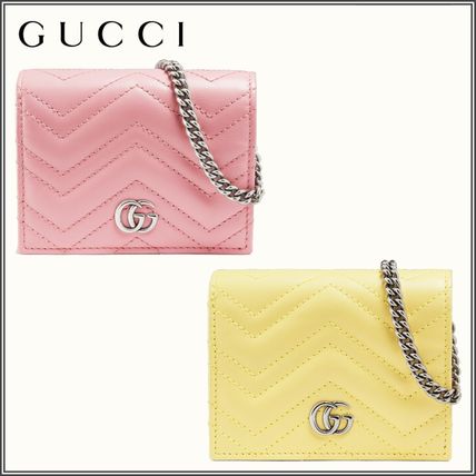 GUCCI GG Marmont Plain Leather Small Wallet Chain Wallet Logo Folding Wallets