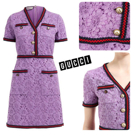 GUCCI Short Flower Patterns Short Sleeves Lace Dresses 