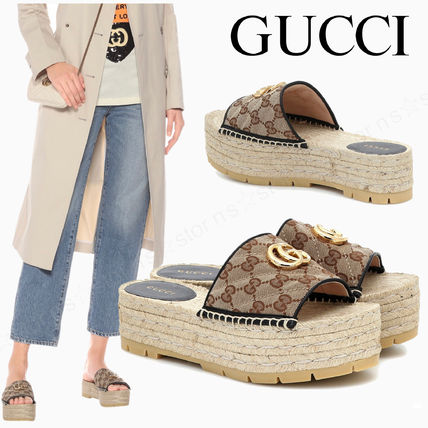 GUCCI Monogram Open Toe Platform Logo PlatformWedge Sandals 