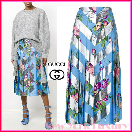 GUCCI Stripes Flower Patterns Casual Style Pleated Skirts Medium