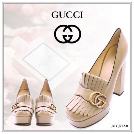 GUCCI GG Marmont 2020 SS Plain Leather Fringes Elegant Style Chunky Heels