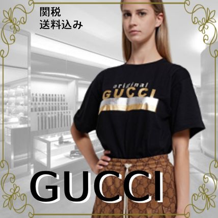 GUCCI 2020 21AW U Neck Cotton Medium Short Sleeves Oversized Logo Metallic