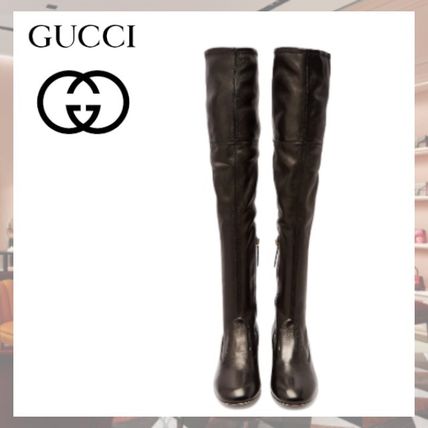 GUCCI 2020 SS Plain Leather Block Heels Logo Boots Boots 