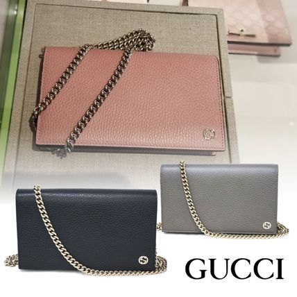 GUCCI Chain Plain Leather Chain Wallet Logo Long Wallets 