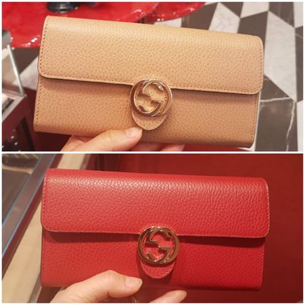 GUCCI GG Marmont Calfskin Plain Leather Logo Long Wallets 