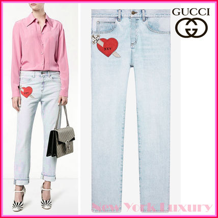GUCCI Heart Denim Street Style Long With Jewels Jeans