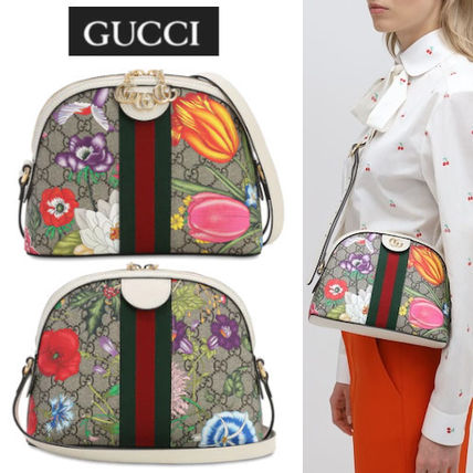 GUCCI Flower Patterns Calfskin Leather Logo Shoulder Bags 