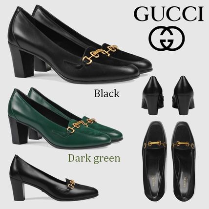 GUCCI 2020 SS Plain Toe Suede Plain Leather Block Heels Elegant Style Logo 