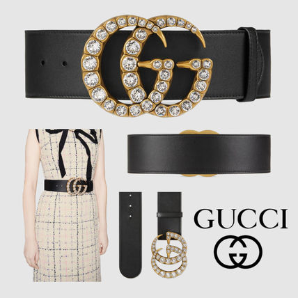 GUCCI 2019 SS Leather Belt With Crystal Double G Buckle