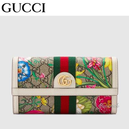 GUCCI Ophidia Flower Patterns Canvas Leather Folding Wallet Logo 