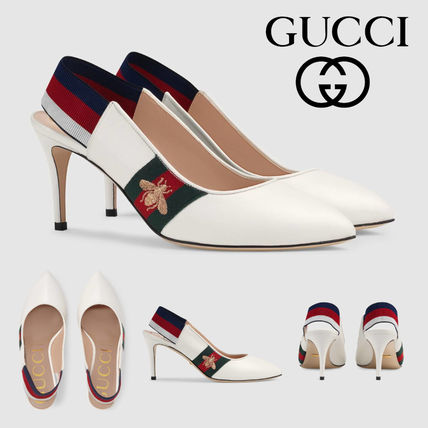 GUCCI 2019 SS Leather Web Mid Heel Slingback Pump
