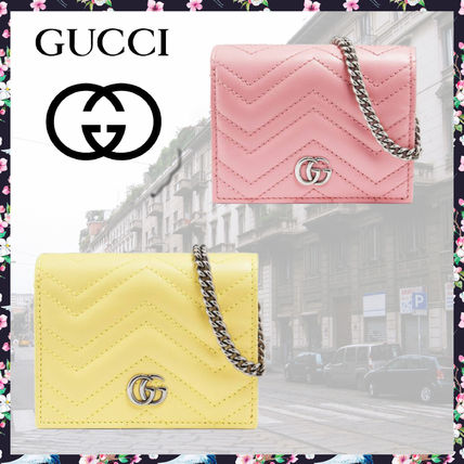 GUCCI GG Marmont 2020 SS Chain Plain Leather Folding Wallet Logo Card Holders