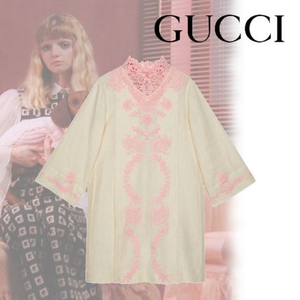 GUCCI 2020 21AW Linen Short Kaftan Dress With Lace