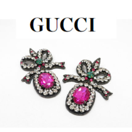 GUCCI Gucci Crystal Embroidered Bow Earrings White Pink