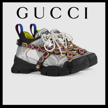 GUCCI Lace up Casual Style Bi color With Jewels Logo