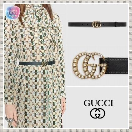 GUCCI 2019 SS Leather Belt With Pearl Double G Buckle