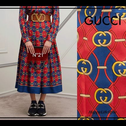 GUCCI Silk Pleated Skirts Medium Midi Elegant Style Logo 