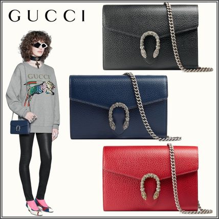 GUCCI Dionysus Unisex Chain Plain Leather With Jewels Logo Long Wallets