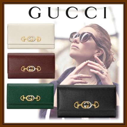 GUCCI 2019 20AW Calfskin Plain Leather Folding Wallet Logo Long Wallets