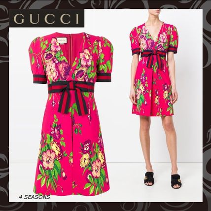 GUCCI Flower Patterns V Neck Medium Short Sleeves Dresses 