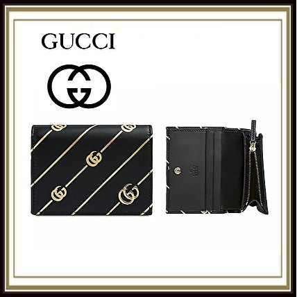 GUCCI Stripes Leather Logo Folding Wallets 